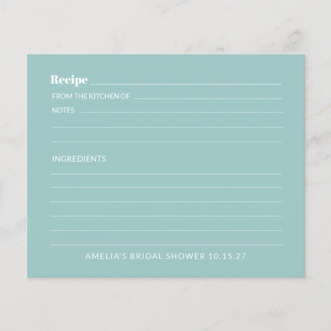 Aqua Blue Cute Custom Bridal Shower Recipe Card (Front)