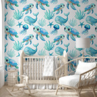 Aqua blue cute sea turtle creatures nursery art
