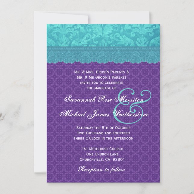 Aqua Blue Damask and Purple Wedding A05 Invitation (Front)