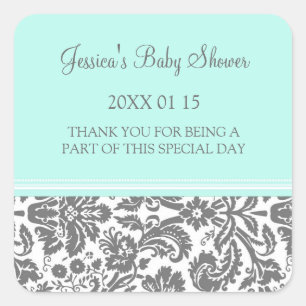 Aqua Blue Damask Baby Shower Favour Stickers