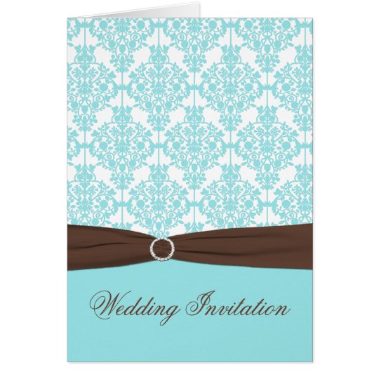 Aqua Blue Damask Card Style Wedding Invite