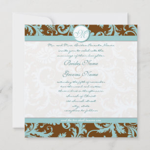 Aqua Blue Damask on Brown Christion Wedding Invitation