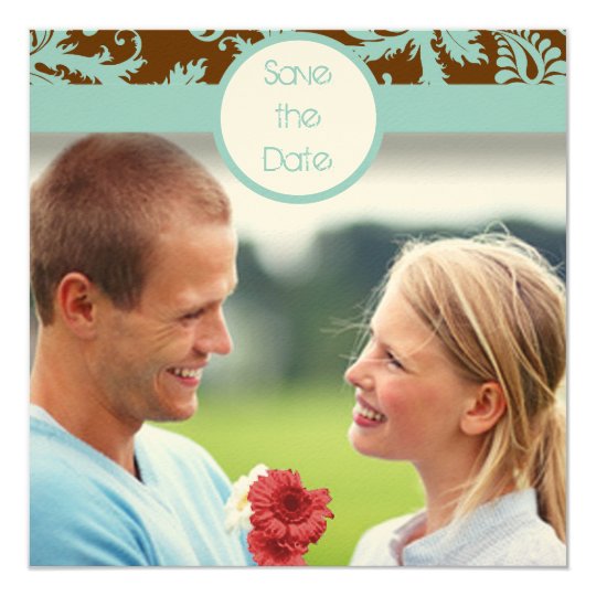 Aqua Blue Damask on Brown Wedding Invitation
