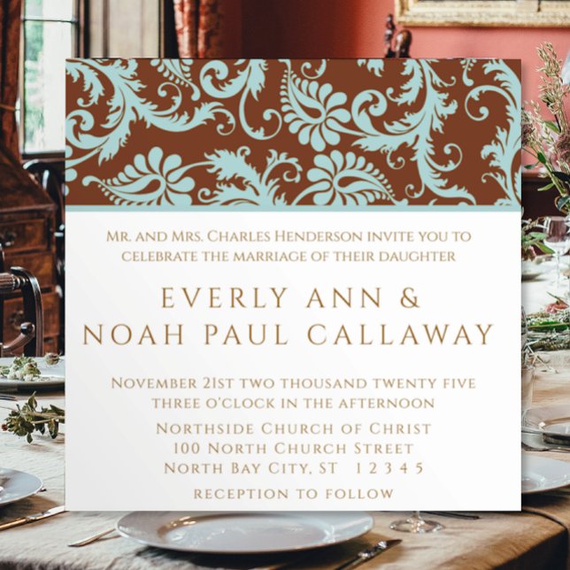 Aqua Blue Damask on Brown Wedding Invitation (Creator Uploaded)