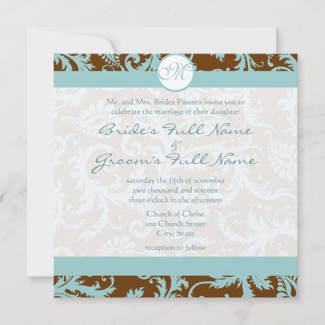 Aqua Blue Damask on Brown Wedding Invitation (Front)