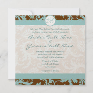 Aqua Blue Damask on Brown Wedding Invitation