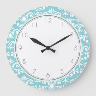 Aqua Blue Damask Pattern Pattern Large Clock