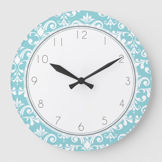 Aqua Blue Damask Pattern Pattern Large Clock (Front)