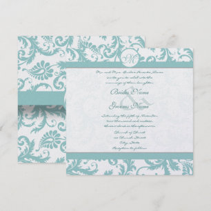 Aqua Blue Damask Swirls Wedding Invitation