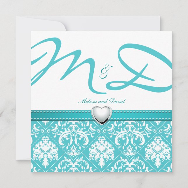 Aqua Blue Damask with Personalised Monogram Invitation (Front)