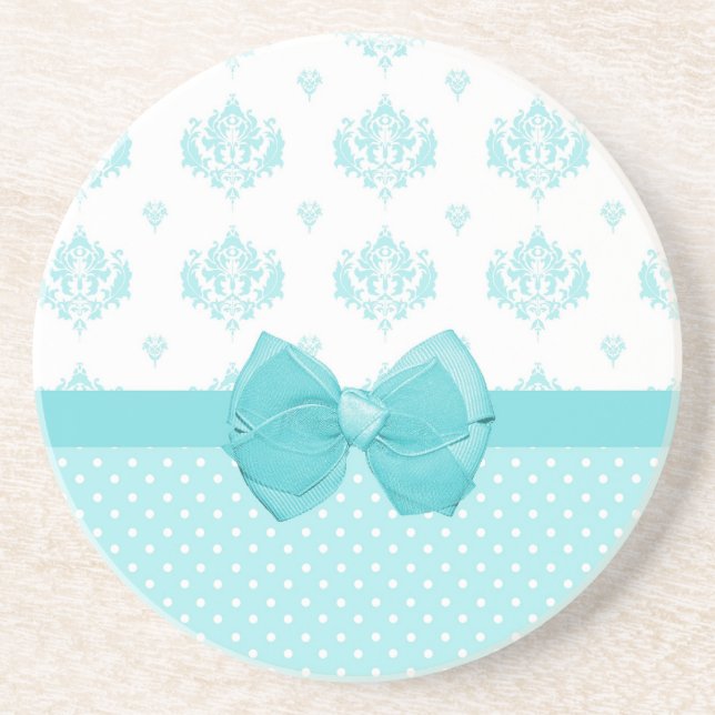 Aqua Blue Damask With Turquoise Ribbon Coaster (Front)