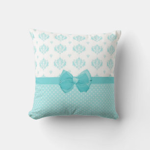 Aqua Blue Damask With Turquoise Ribbon Cushion