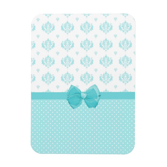 Aqua Blue Damask With Turquoise Ribbon Magnet (Vertical)