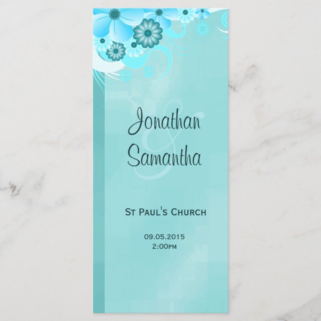 Aqua Blue Dark Teal Floral Wedding Programmes Program (Front)
