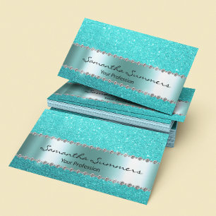 Aqua Blue Diamond Metal Elegant Glitter Business Card