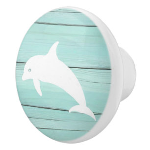 Aqua Blue Dolphin Faux Wood Nautical Drawer knob