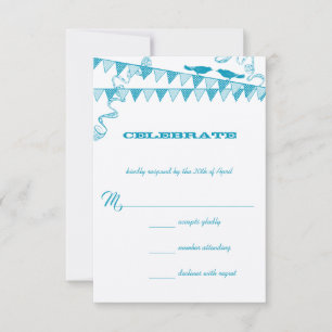Aqua Blue Dots Love Bird Bunting Wedding RSVP Invitation