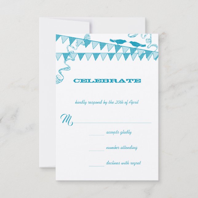 Aqua Blue Dots Love Bird Bunting Wedding RSVP Invitation (Front)