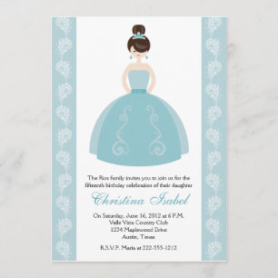 Aqua Blue Dress Brunette Quinceanera Invitations