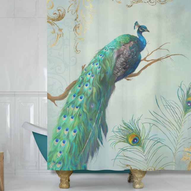 Aqua Blue Elegant Peacock n Feathers Tree Branch Shower Curtain (Creator Uploaded)