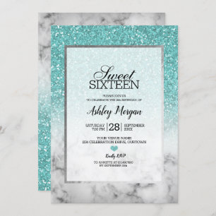 Aqua Blue Faux Glitter and Marble Sweet 16 Party Invitation