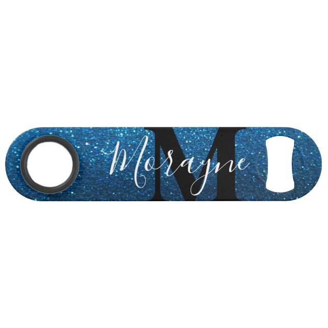 Aqua Blue Faux Glitter Black White Monogram Name (Back Horizontal)
