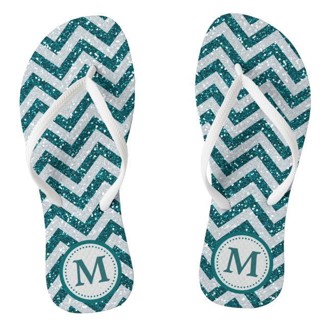 Aqua Blue Faux Glitter Monogram Thongs (Footbed)