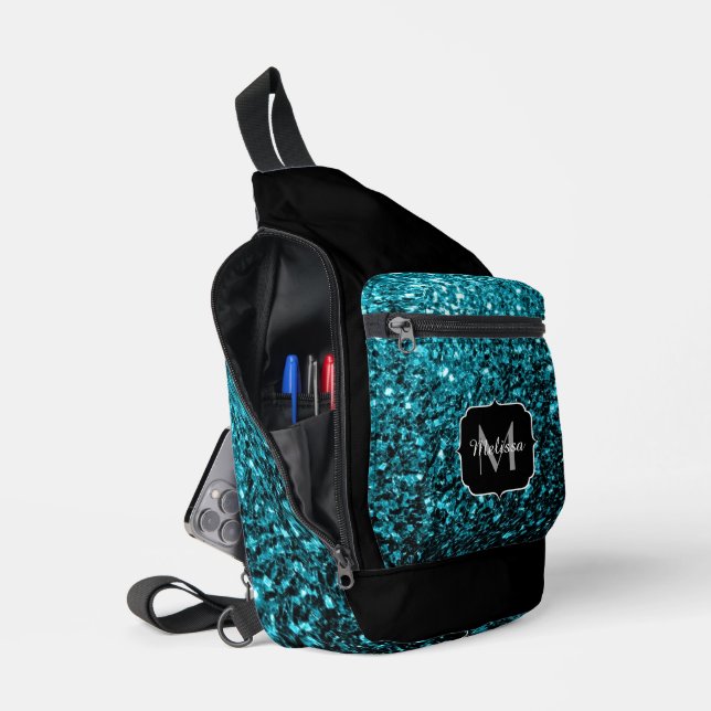 Aqua blue faux glitter sparkles Black Monogram Sling Bag (Open)