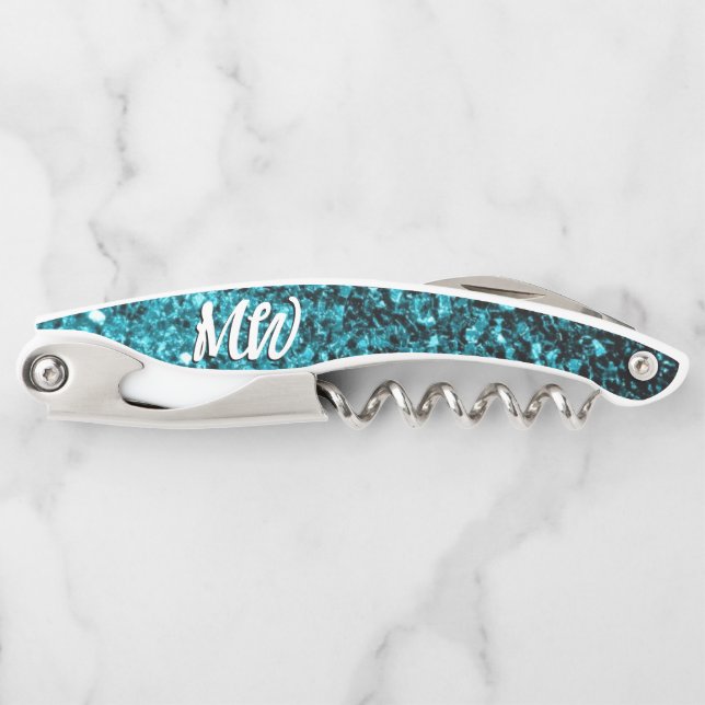 Aqua blue faux glitter sparkles Monogram Corkscrew (Front)