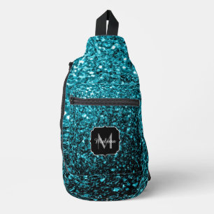 Aqua blue faux glitter sparkles Monogram Sling Bag