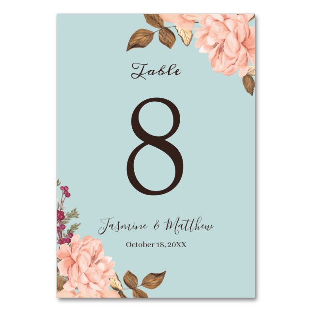 Aqua Blue Featuring Blush Pink Floral Wedding Table Number (Front)