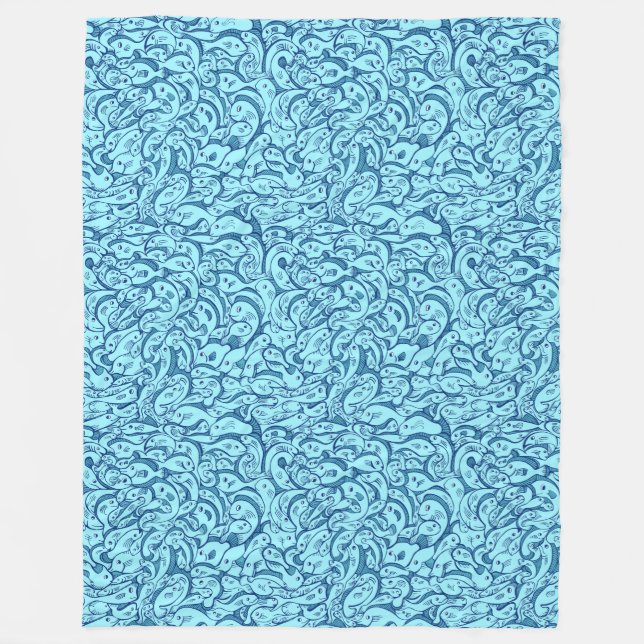 Aqua Blue Fish Pattern Fleece Blanket (Front)