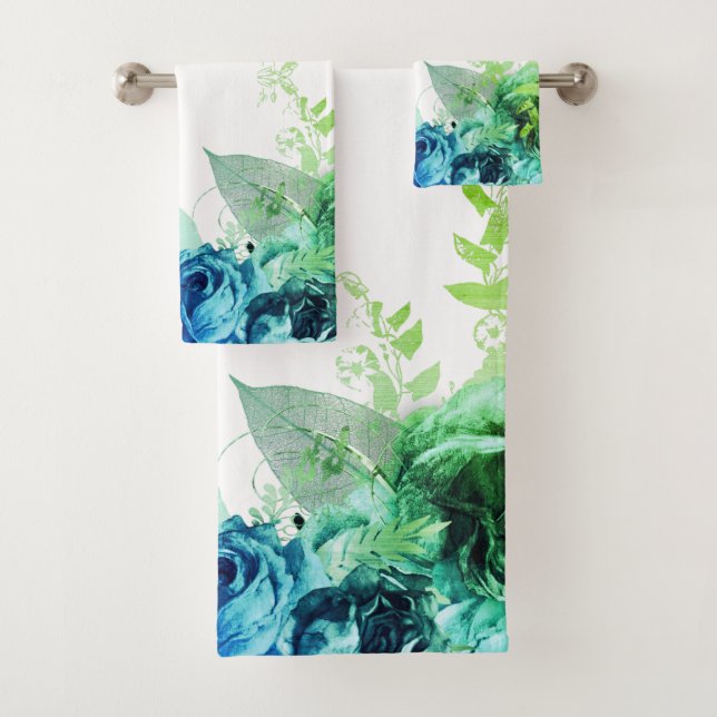 AQUA BLUE FLORAL BOTANICAL BATHROOM TOWEL SET (Insitu)