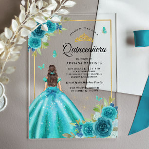 Aqua Blue Floral Dress Butterfly Gold Quinceanera Acrylic Invitations