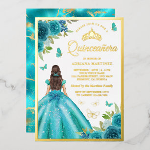 Aqua Blue Floral Dress Butterfly Quinceanera Gold