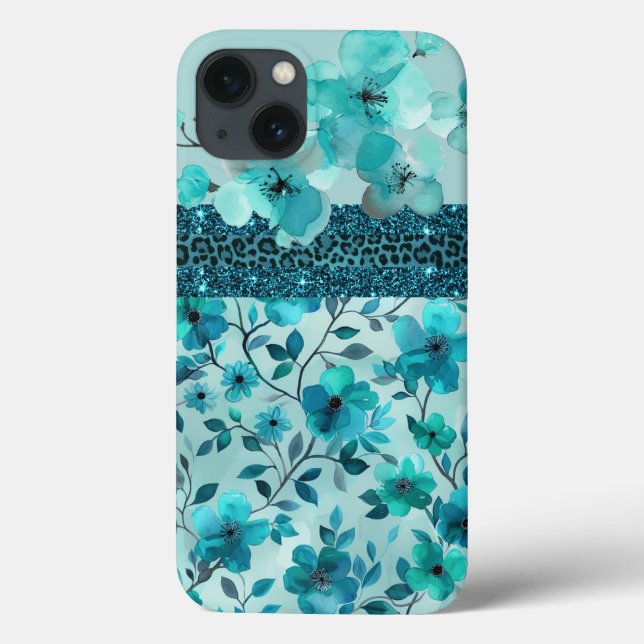 Aqua blue floral faux glitter Case-Mate iPhone case (Back)