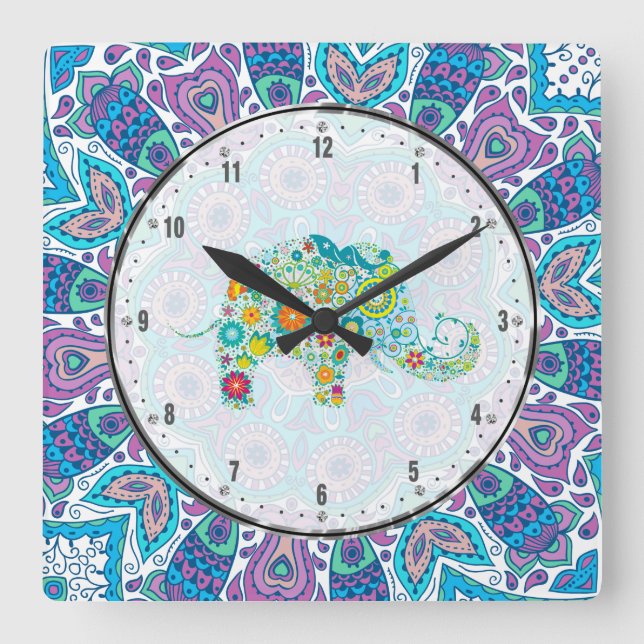 Aqua Blue Floral Lace & Colourful Elephant Square Wall Clock (Front)