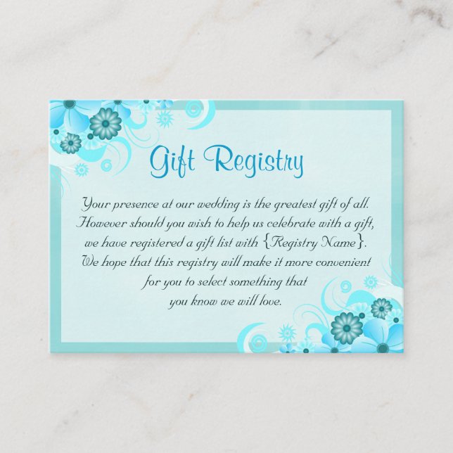 Aqua Blue Floral Mini Wedding Gift Registry Enclosure Card (Front)