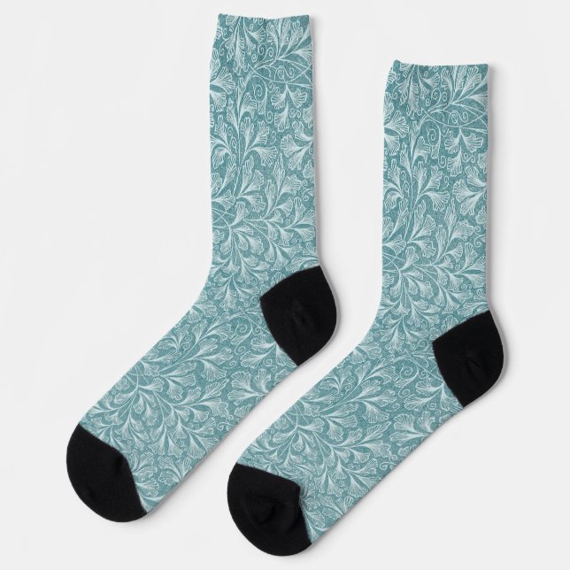 Aqua Blue Floral Pattern Crazy Cute Socks (Left)