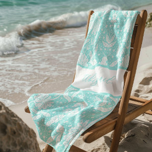 Aqua Blue Floral Personalised William Morris Style Beach Towel