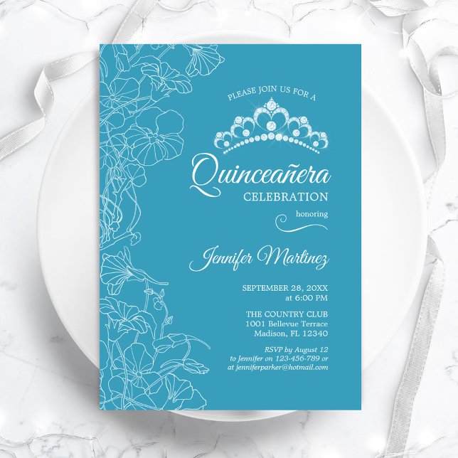 Aqua Blue Floral Quinceanera Party Invitation (Creator Uploaded)