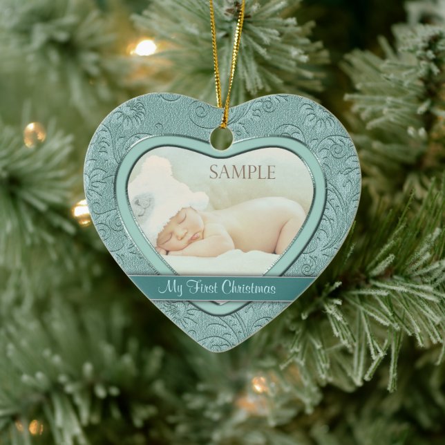 Aqua Blue Floral Swirl Baby First Christmas Ceramic Ornament (Tree)