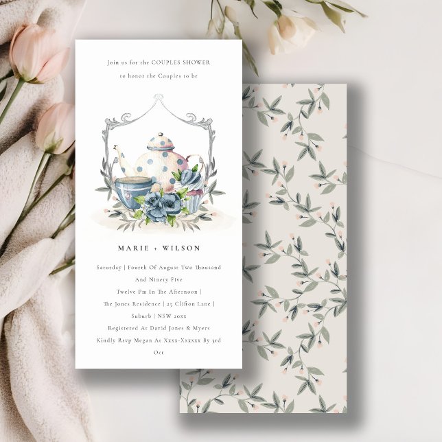Aqua Blue Floral Teapot Cup Bridal Shower Invite (Creator Uploaded)