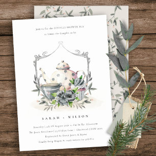 Aqua Blue Floral Teapot Cup Couples Shower Invite