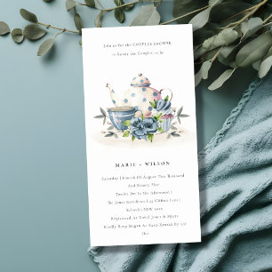 Aqua Blue Floral Teapot Cup Couples Shower Invite
