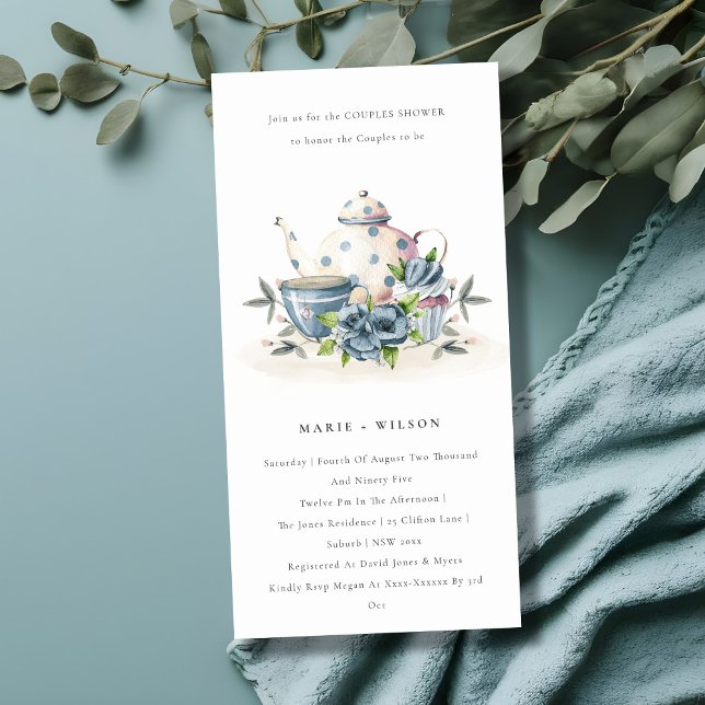 Aqua Blue Floral Teapot Cup Couples Shower Invite (Creator Uploaded)
