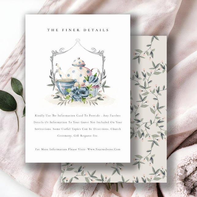 Aqua Blue floral Teapot Cup Crest Wedding Details Enclosure Card (Creator Uploaded)