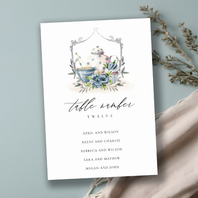 Aqua Blue floral Teapot Cup Crest Wedding Seating Table Number (Creator Uploaded)