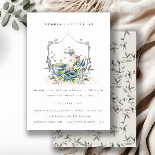 Aqua Blue floral Teapot Cup Wedding Reception Enclosure Card
