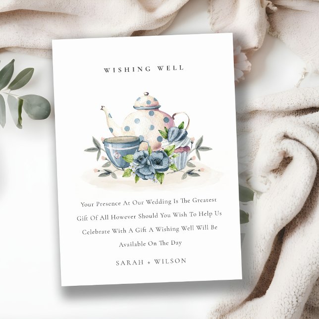 Aqua Blue floral Teapot Cup Wedding Wishing Well Enclosure Card (Creator Uploaded)